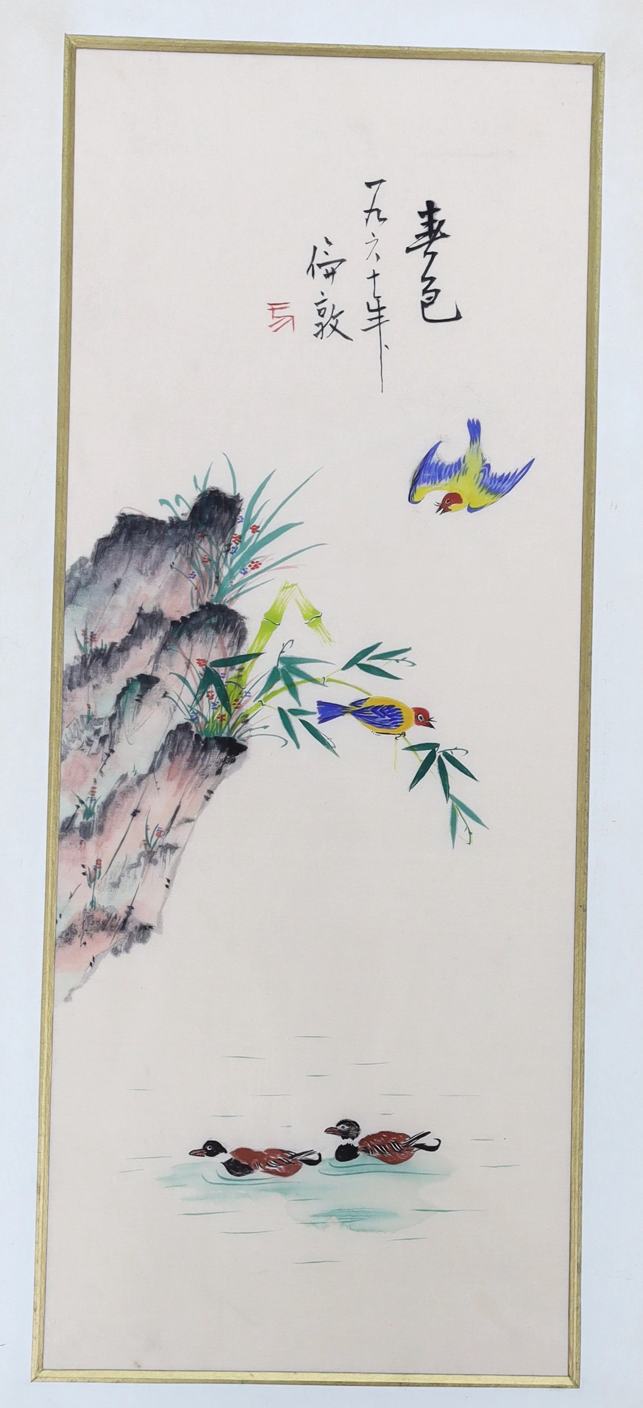 Chinese School, mid 20th century, pair of paintings on silk, birds amongst nature, inscribed, 43 x 17cm